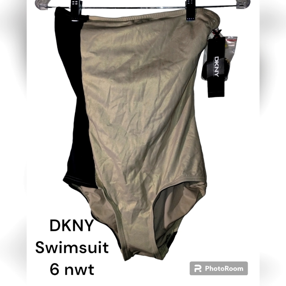 DKNY Swim Bandeau Maillot 2-tone metallic w/ shoulder straps 6 S2012 nwt